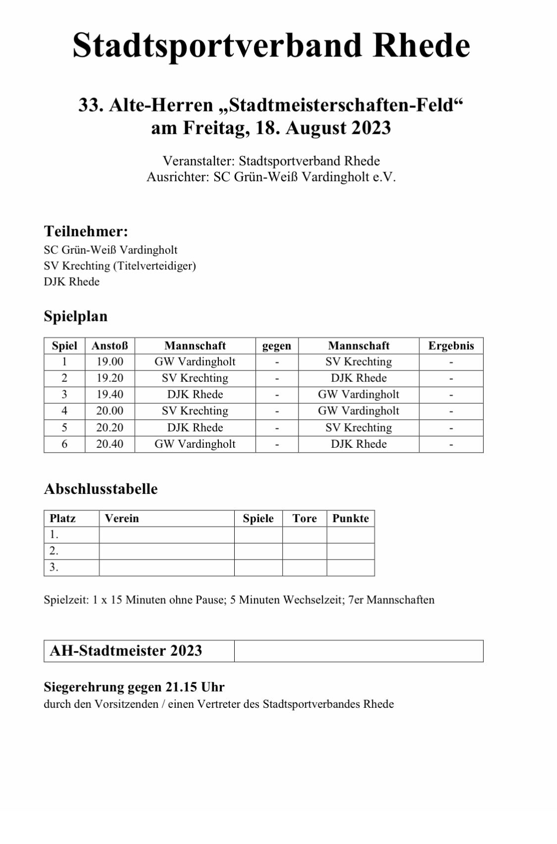 Spielplan Alte-Herren Stadtmeisterschaften-Feld 2023