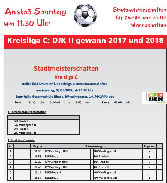 Spielplan Kreisliga C Hallenstadtmeisterschaften 2019 Spielplan Kreisliga C Hallenstadtmeisterschaften 2019