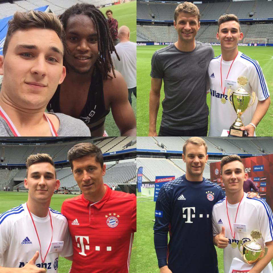 Marvin Wienand trifft bei der Teampräsentation Renato Sanchez (oben links) und tritt bei der FCB-Challenge gegen (im Uhrzeigersinn) Thomas Müller im Minigolf, Manuel Neuer im Elfmeterschießen und Robert Lewandowski im Fußballtennis an. Marvin Wienand trifft bei der Teampräsentation Renato Sanchez (oben links) und tritt bei der FCB-Challenge gegen (im Uhrzeigersinn) Thomas Müller im Minigolf, Manuel Neuer im Elfmeterschießen und Robert Lewandowski im Fußballtennis an.